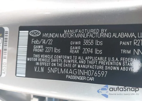 2022 Hyundai Elantra Sel z USA, uszkodzony, nr VIN 5NPLM4AG1NH076597